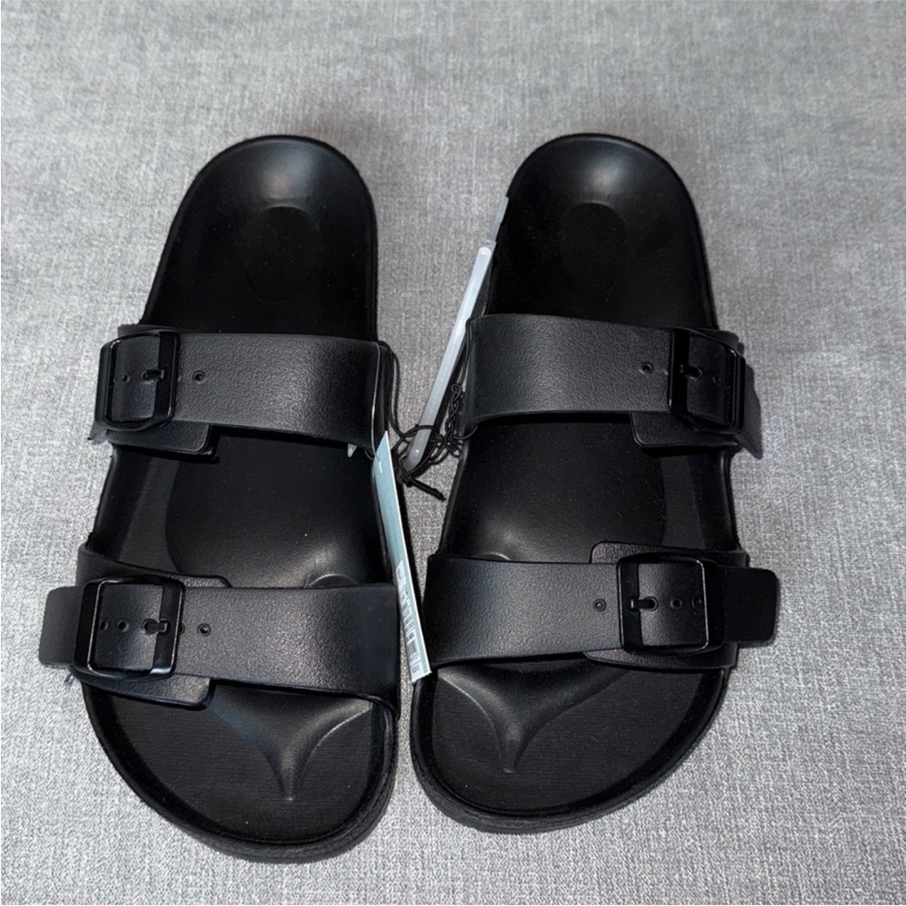 Shade & Shore Black Women’s Slide Sandals with Buckle Straps Slip On Slides